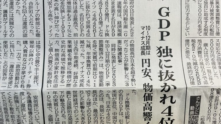 日本のGDPがドイツに抜かれて世界第4位に